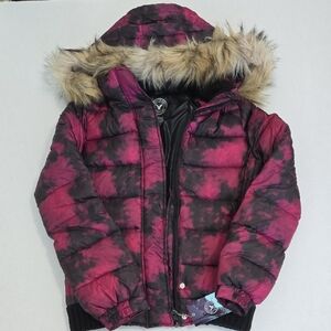 American Eagle Pink And Black Puffer Jacket With Faux Fur Hood -size S -NWT
